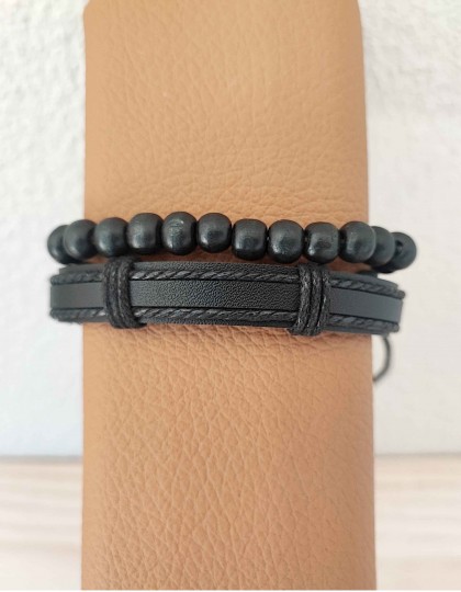 Pulseiras de Couro e Madeira (Conjunto de 2)