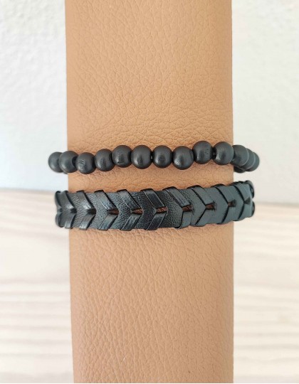 Pulseiras de Couro e Madeira (Conjunto de 2)