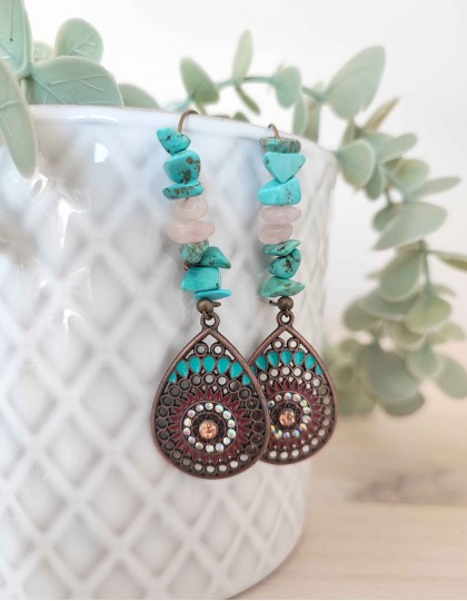 Brincos Boho - Formato Gota com Turquesa e Quartzo Rosa