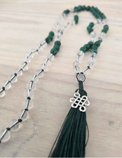 Japamala de Quartzo Cristal e Malaquita com Nó Infinito Budista (ref.: 108724)