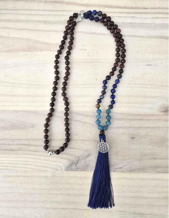 Japamala de Palissandro, Lápis-Lazuli e Água-Marinha com Flor da Vida (ref.: 108730)