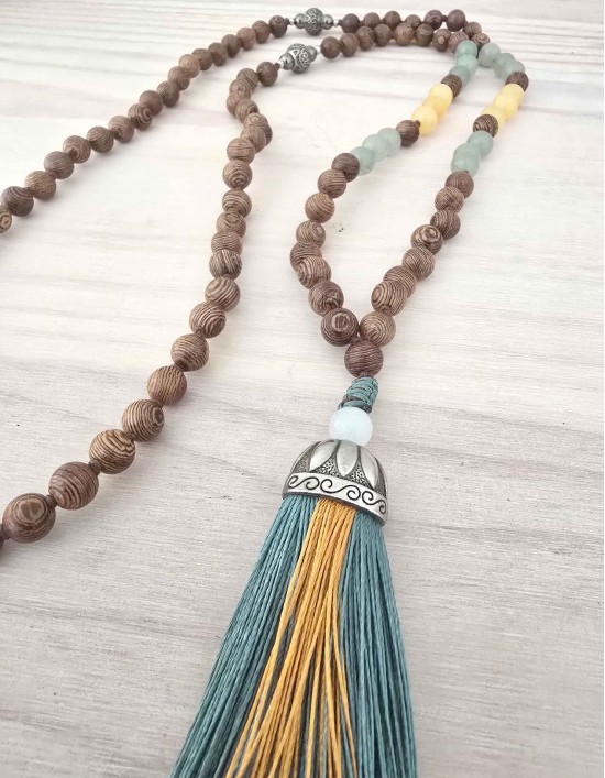 Japamala de Wenge, Aventurina Verde e Calcita Amarela (ref.: 108734)