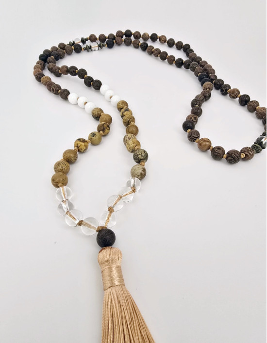 Japamala de Wenge, Tridacna, Quartzo Cristal e Jaspe Paisagem (ref.: 108754)