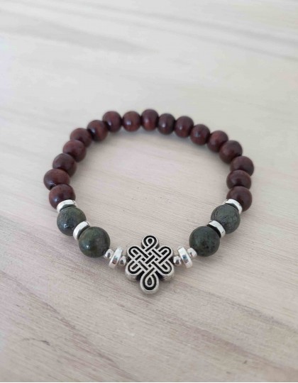 Japamala de Pau Rosa e Pirite com Nó Infinito Budista (ref.: JPP552)