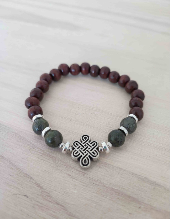 Japamala de Pau Rosa e Pirite com Nó Infinito Budista (ref.: JPP552)
